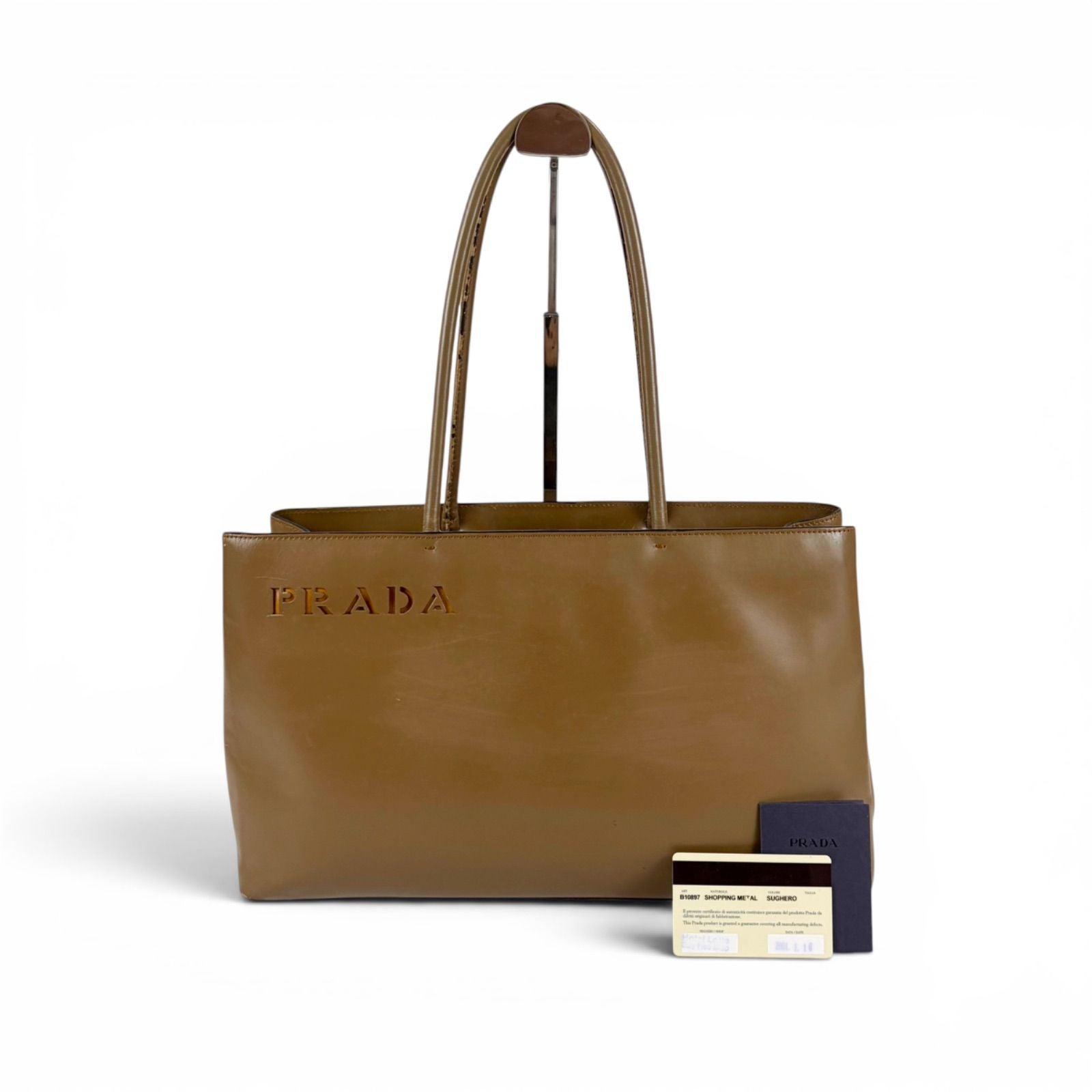 Prada Mini Tote Shoulder Perforated Logo Leather Brown