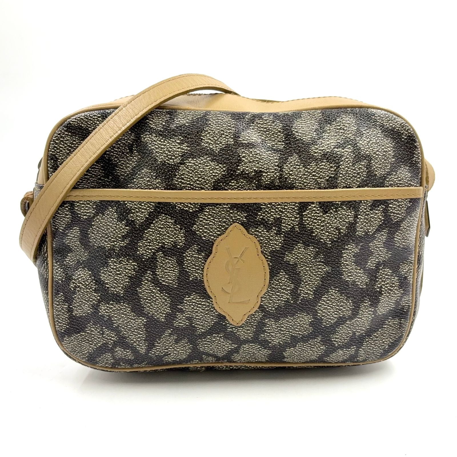 Saint Laurent Giraffe Pattern YSL Logo Calfskin Brown Beige Shoulder Bag Gold