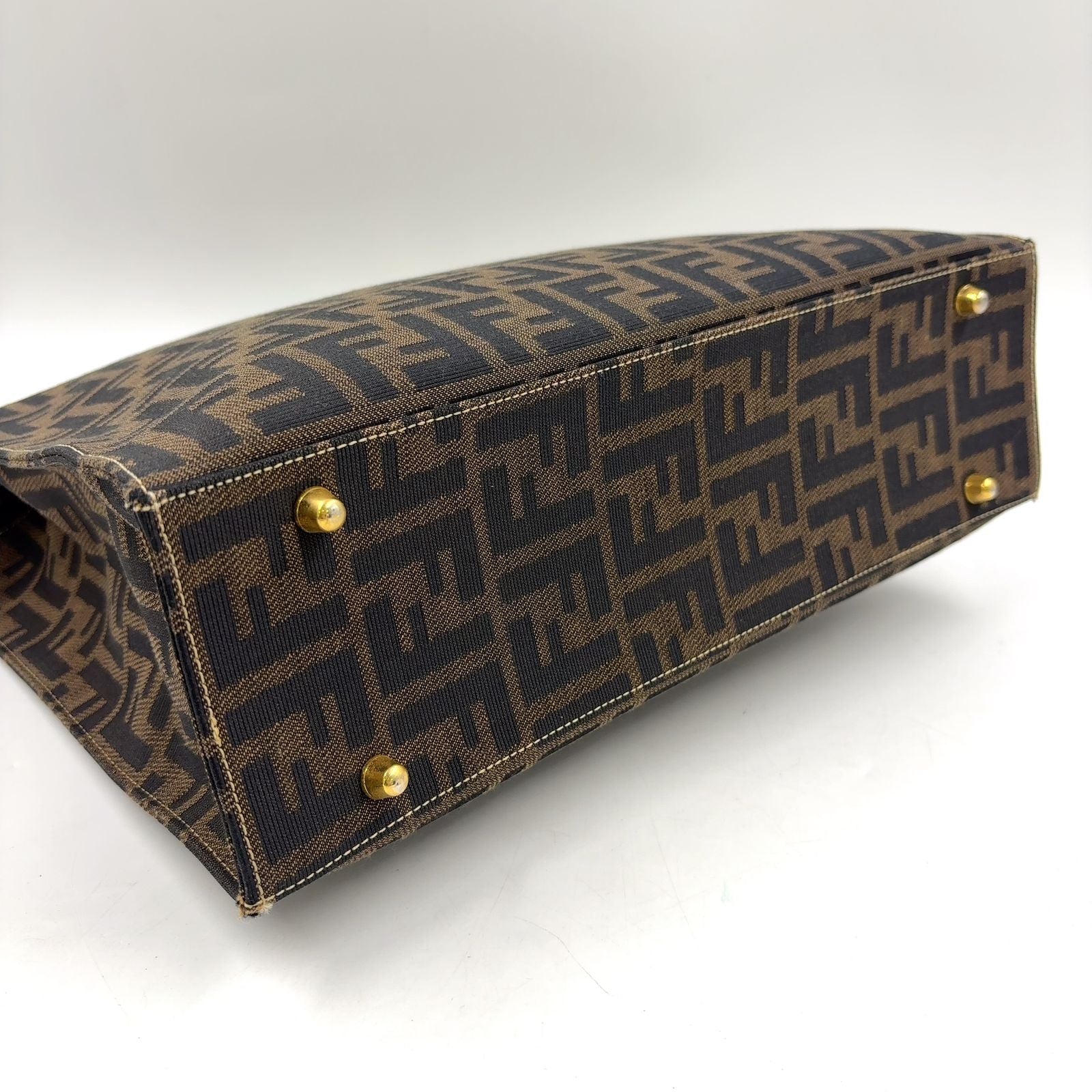 Fendi Zucca Pattern Leather Canvas Dark Brown Tote Gold — view 8