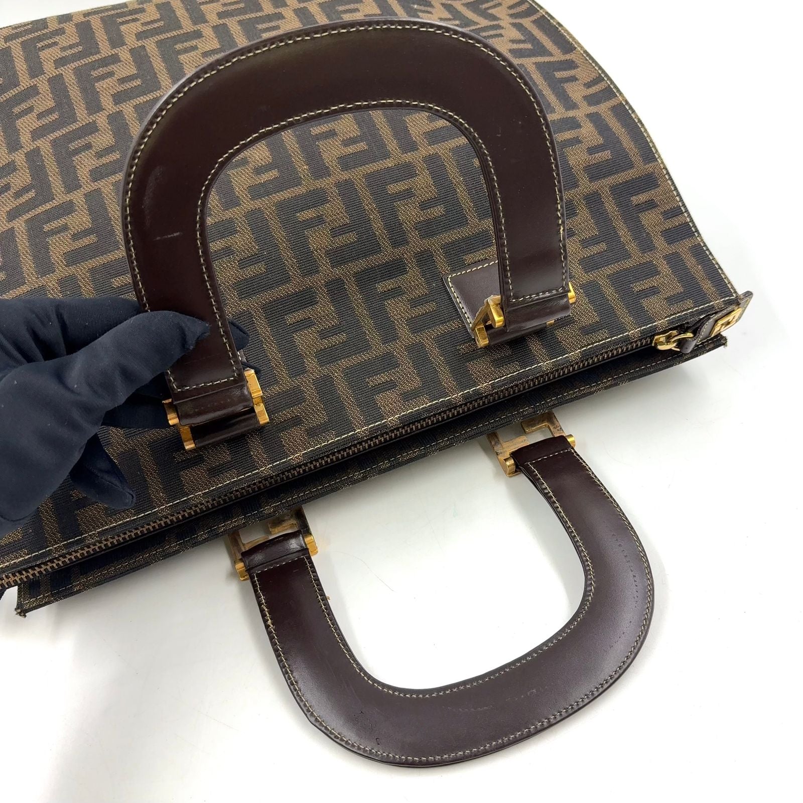 Fendi Zucca Pattern Leather Canvas Dark Brown Tote Gold — view 7