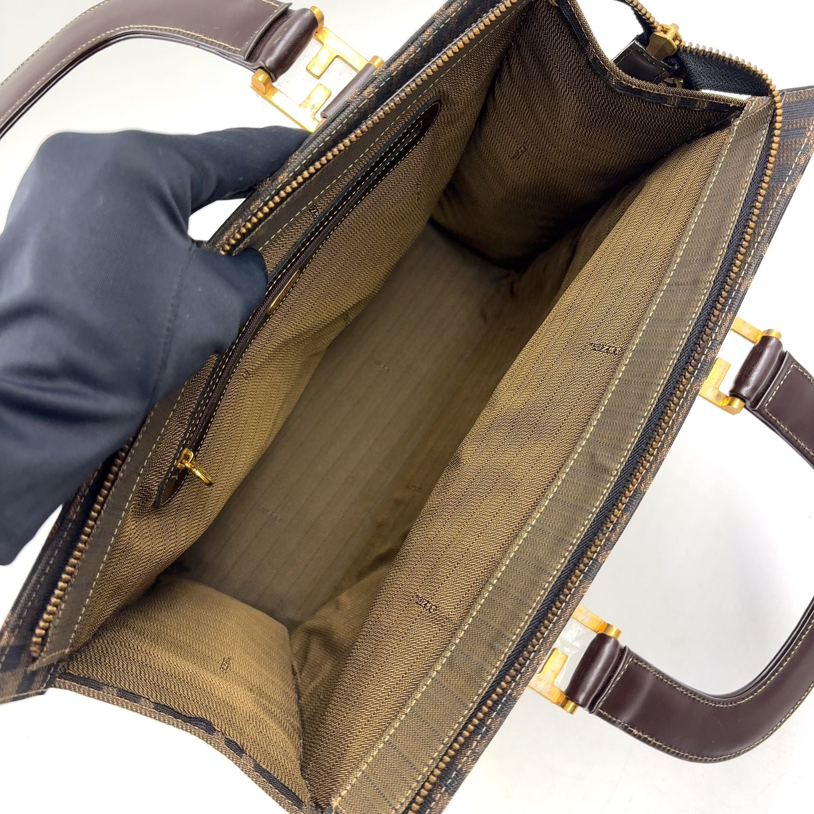 Fendi Zucca Pattern Leather Canvas Dark Brown Tote Gold — view 3