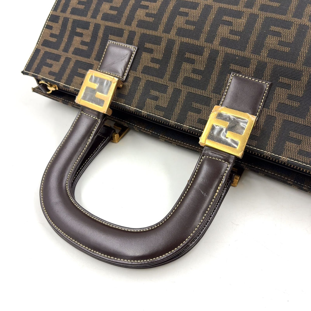 Fendi Zucca Pattern Leather Canvas Dark Brown Tote Gold — view 6