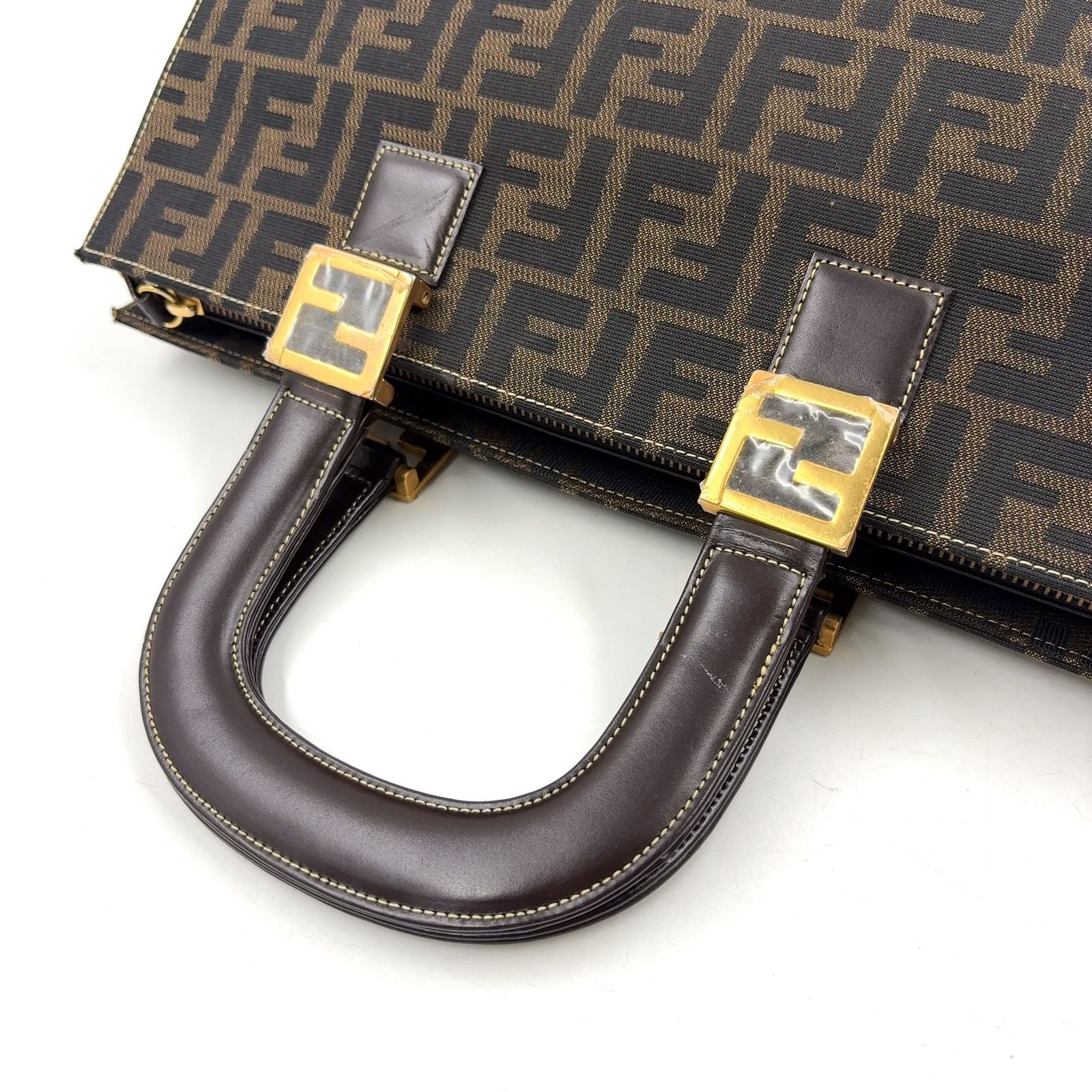 Fendi Zucca Pattern Leather Canvas Dark Brown Tote Gold — view 6