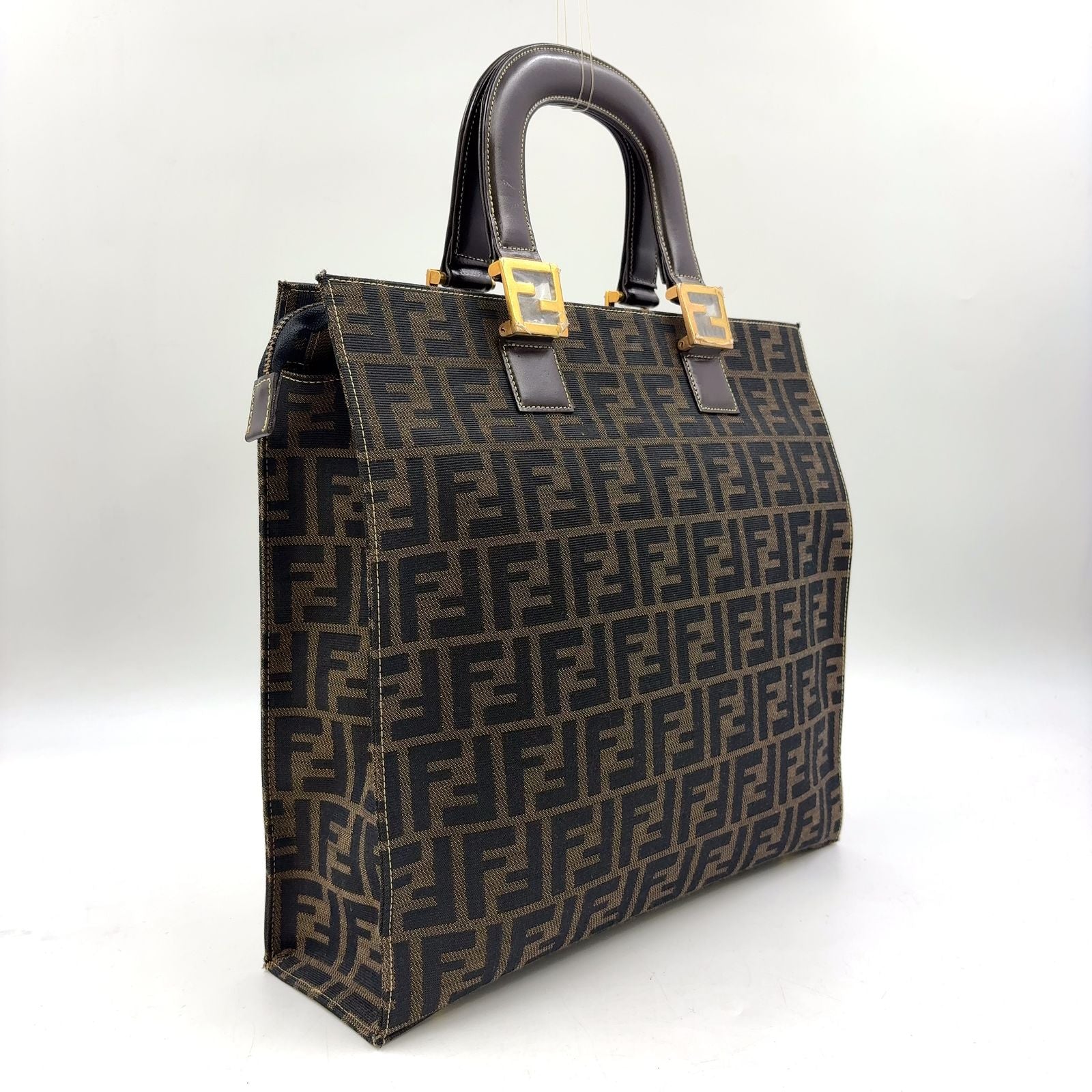 Fendi Zucca Pattern Leather Canvas Dark Brown Tote Gold — view 2