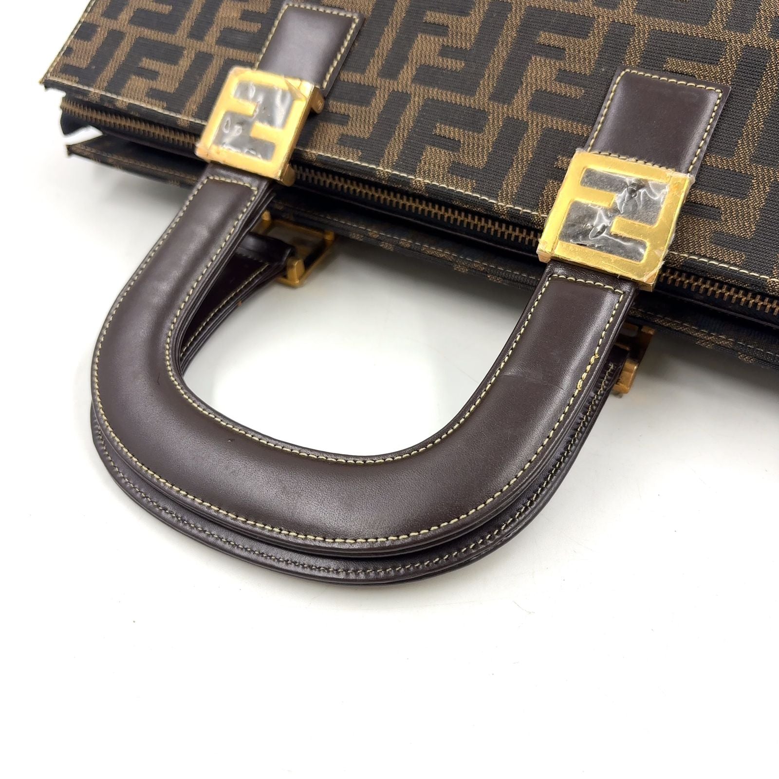 Fendi Zucca Pattern Leather Canvas Dark Brown Tote Gold — view 5