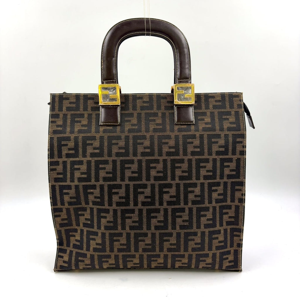 Fendi Zucca Pattern Leather Canvas Dark Brown Tote Gold