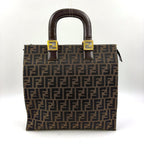 Fendi Zucca Pattern Leather Canvas Dark Brown Tote Gold