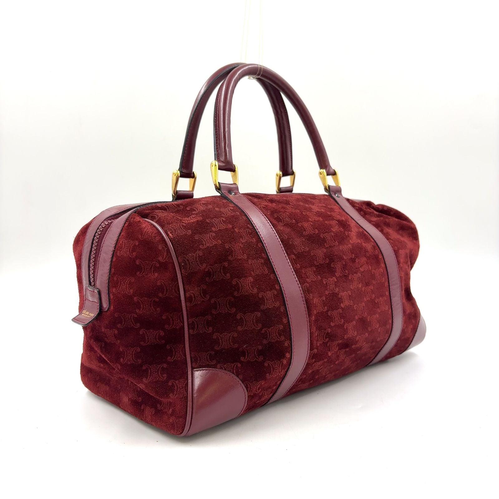 Celine Macadam Carriage Logo Leather Suede Bordeaux Mini Boston Bag Gold — view 2