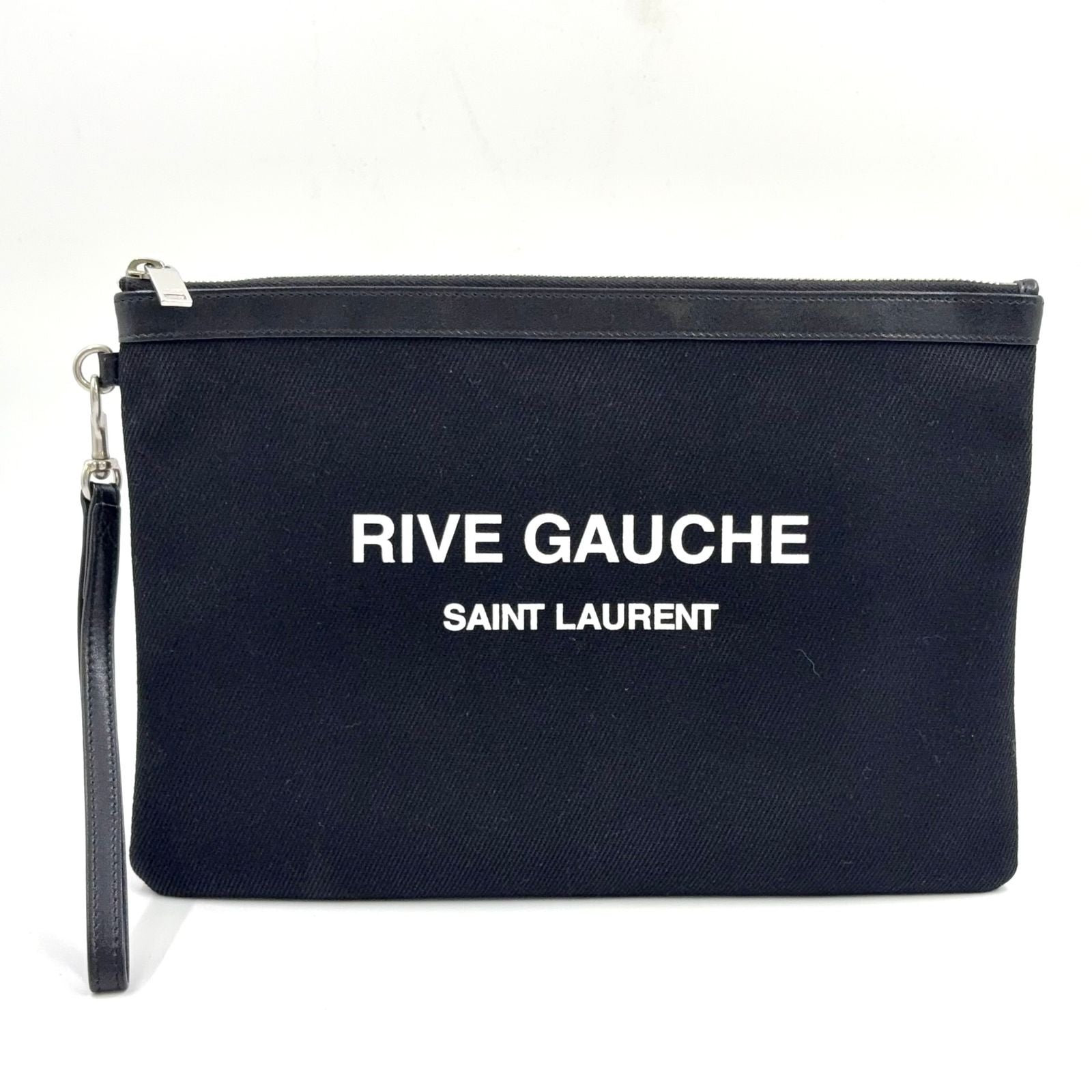 Saint Laurent Paris Rive Gauche Leather Canvas Black Clutch Silver