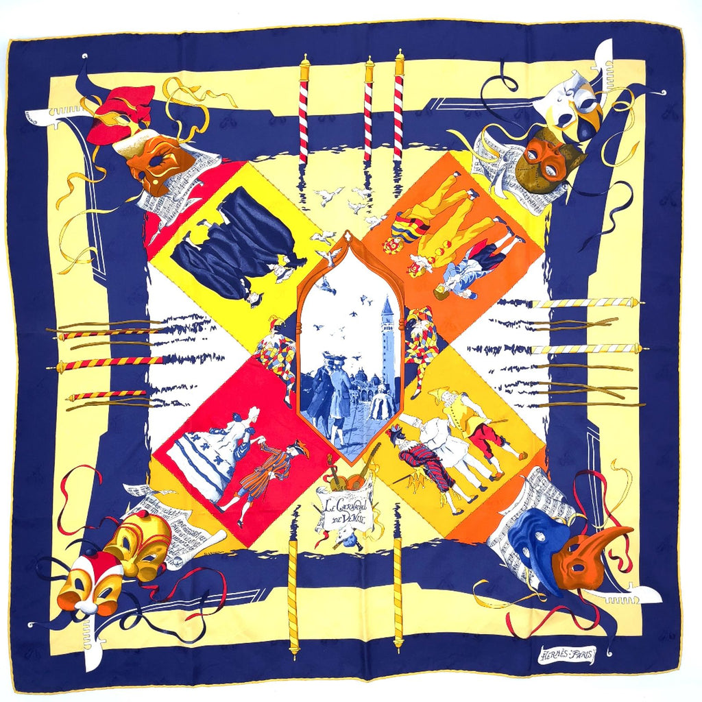 Hermes Carre 90 le Carnaval de Venise Silk Yellow Navy Red Scarf