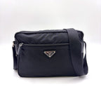 Prada Nylon Leather Black Shoulder Bag Silver
