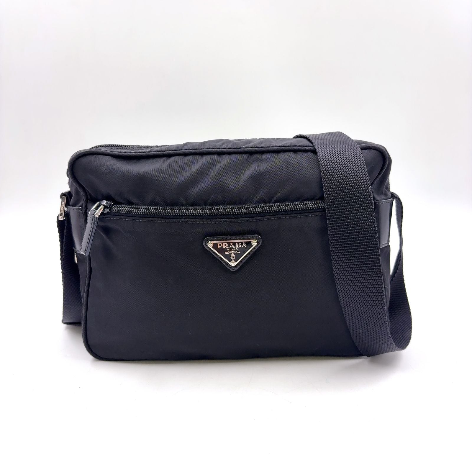 Prada Nylon Leather Black Shoulder Bag Silver