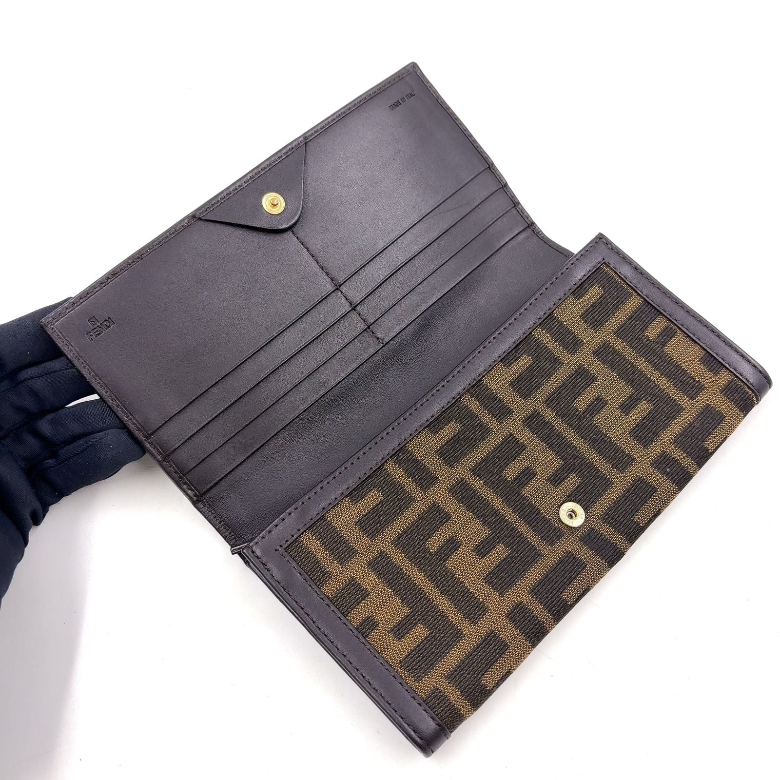 Fendi Zucca Pattern Leather Canvas Brown Black Bifold Wallet Gold — view 3