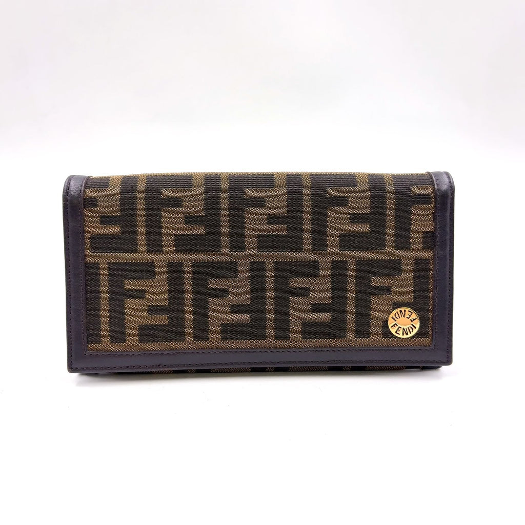 Fendi Zucca Pattern Leather Canvas Brown Black Bifold Wallet Gold