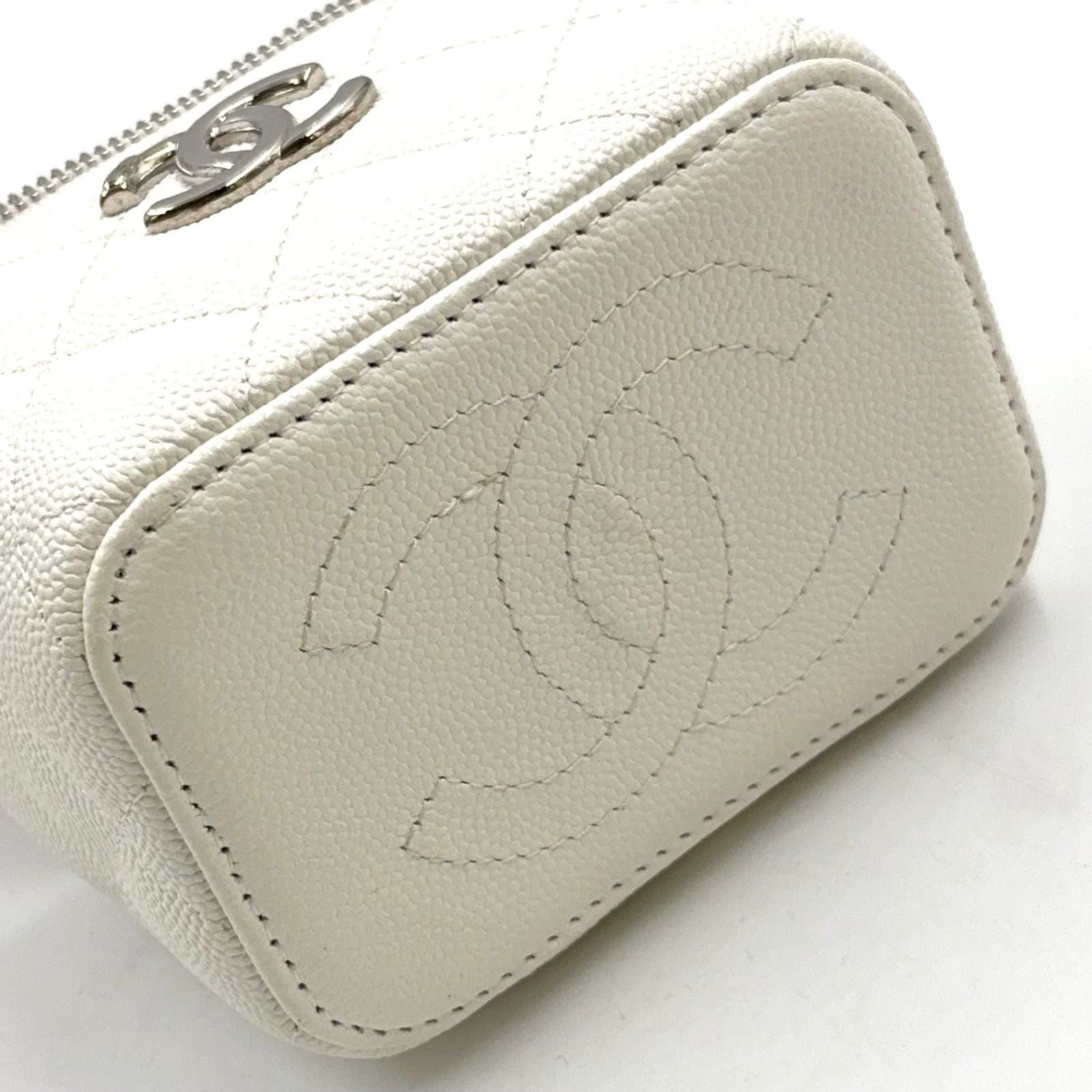 Chanel Classic Small Vanity Caviar Leather White Chain Shoulder Bag Silver — view 9
