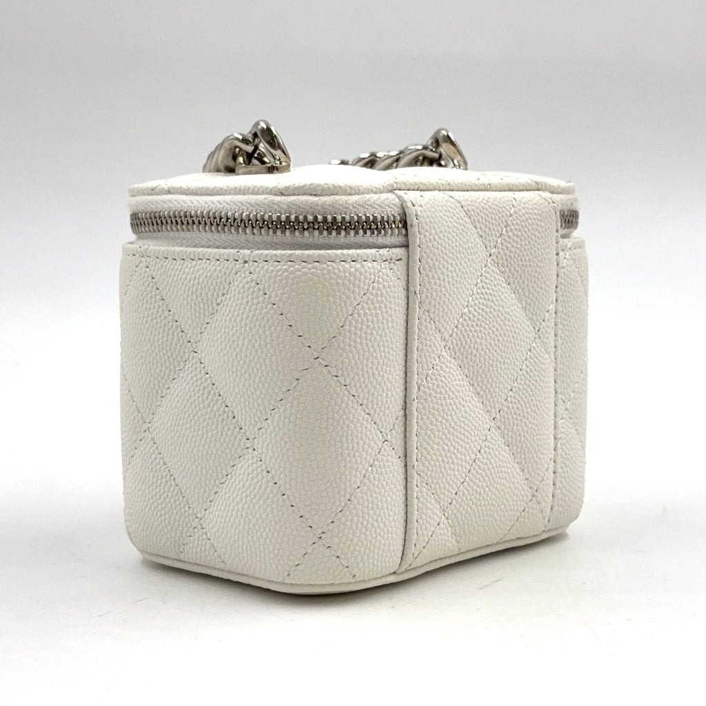Chanel Classic Small Vanity Caviar Leather White Chain Shoulder Bag Silver — view 2