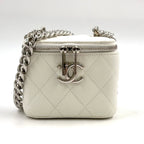 Chanel Classic Small Vanity Caviar Leather White Chain Shoulder Bag Silver