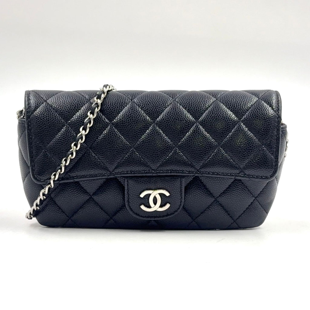 Chanel Quilted Eyewear Case Caviar Leather Black Chain Shoulder Bag Silver