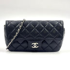 Chanel Quilted Eyewear Case Caviar Leather Black Chain Shoulder Bag Silver