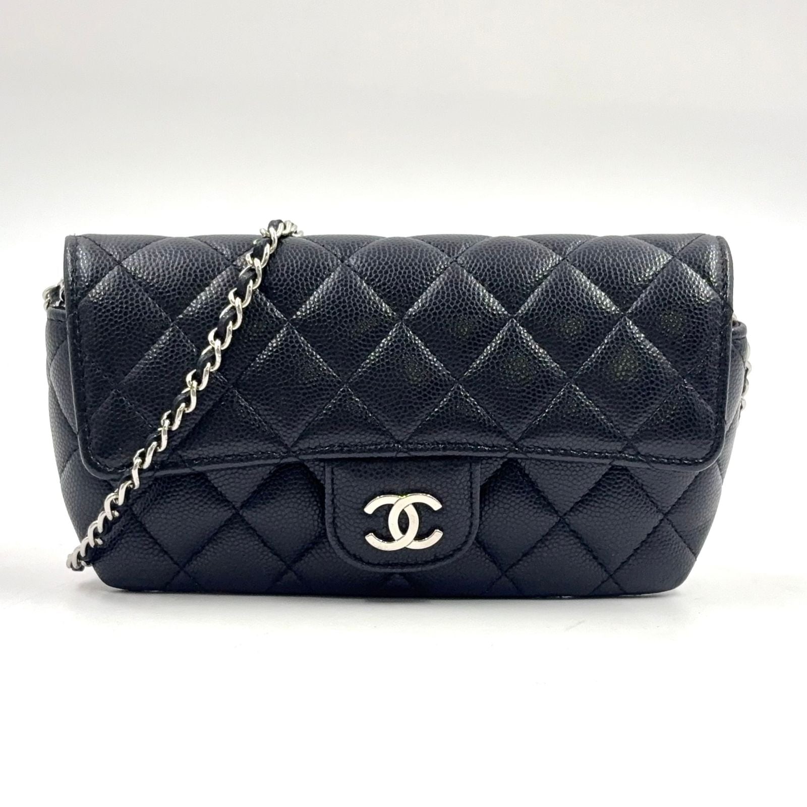 Chanel Quilted Eyewear Case Caviar Leather Black Chain Shoulder Bag Silver