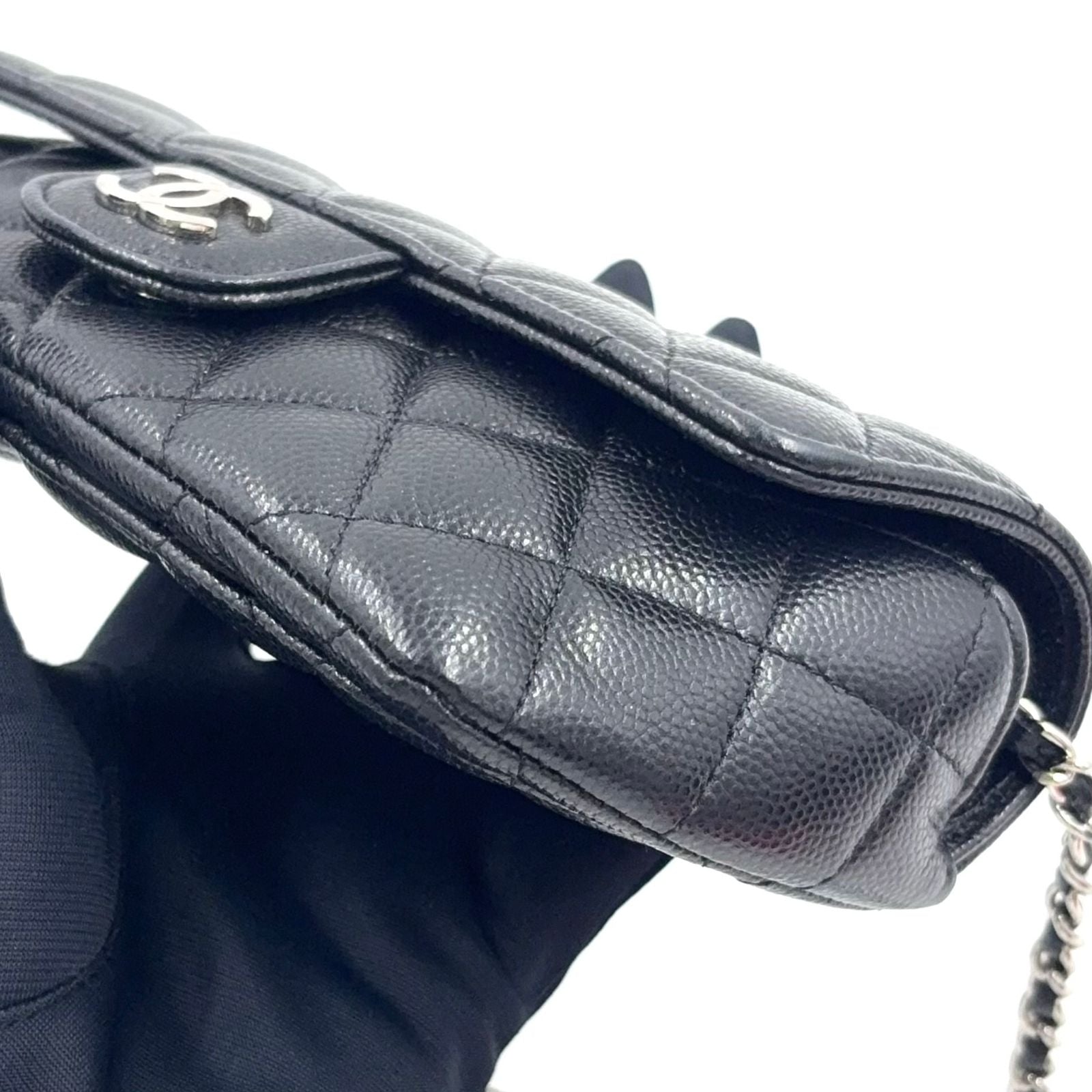 Chanel Quilted Eyewear Case Caviar Leather Black Chain Shoulder Bag Silver — view 7