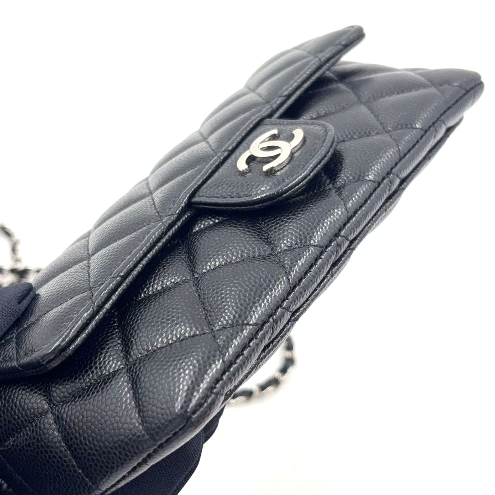 Chanel Quilted Eyewear Case Caviar Leather Black Chain Shoulder Bag Silver — view 6
