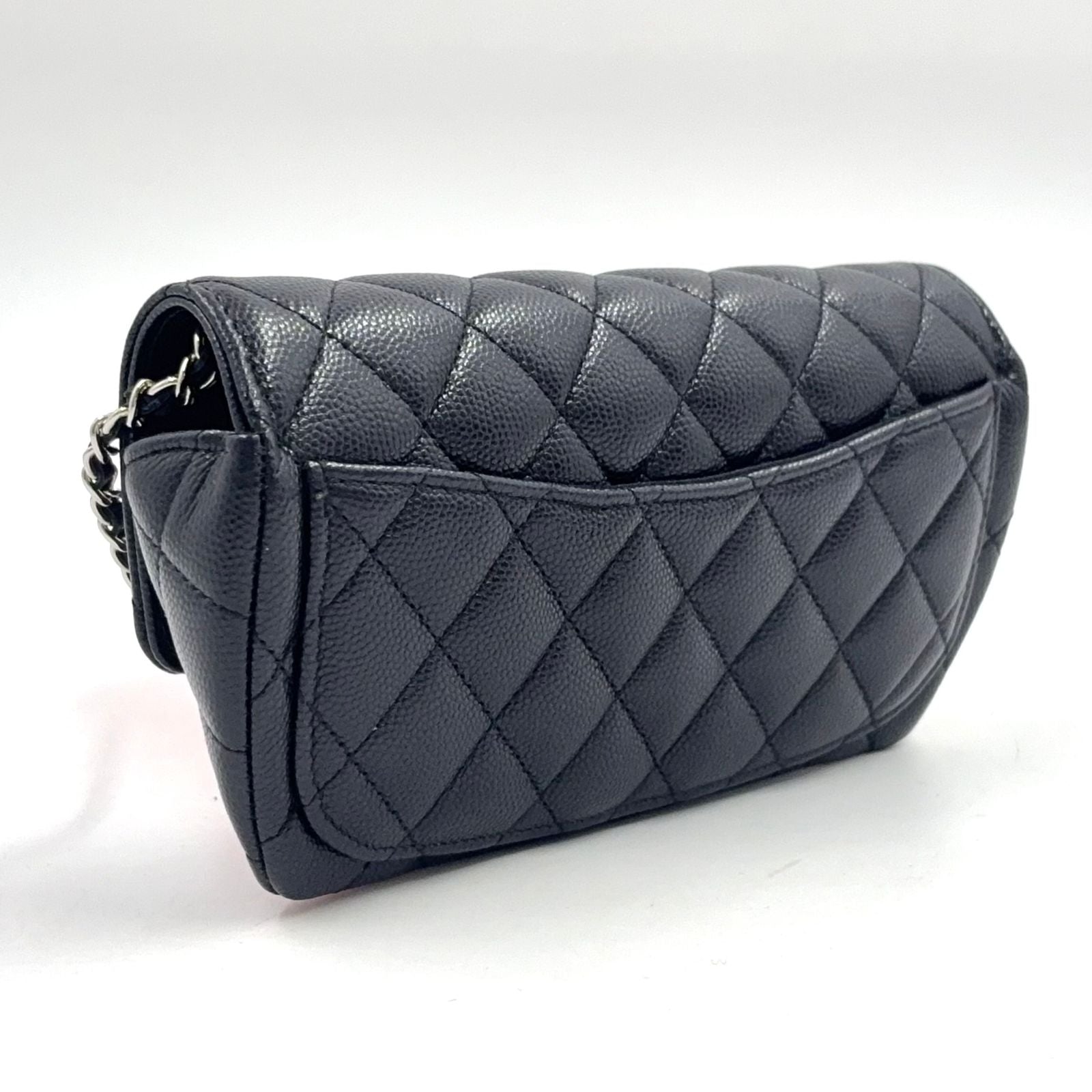 Chanel Quilted Eyewear Case Caviar Leather Black Chain Shoulder Bag Silver — view 2