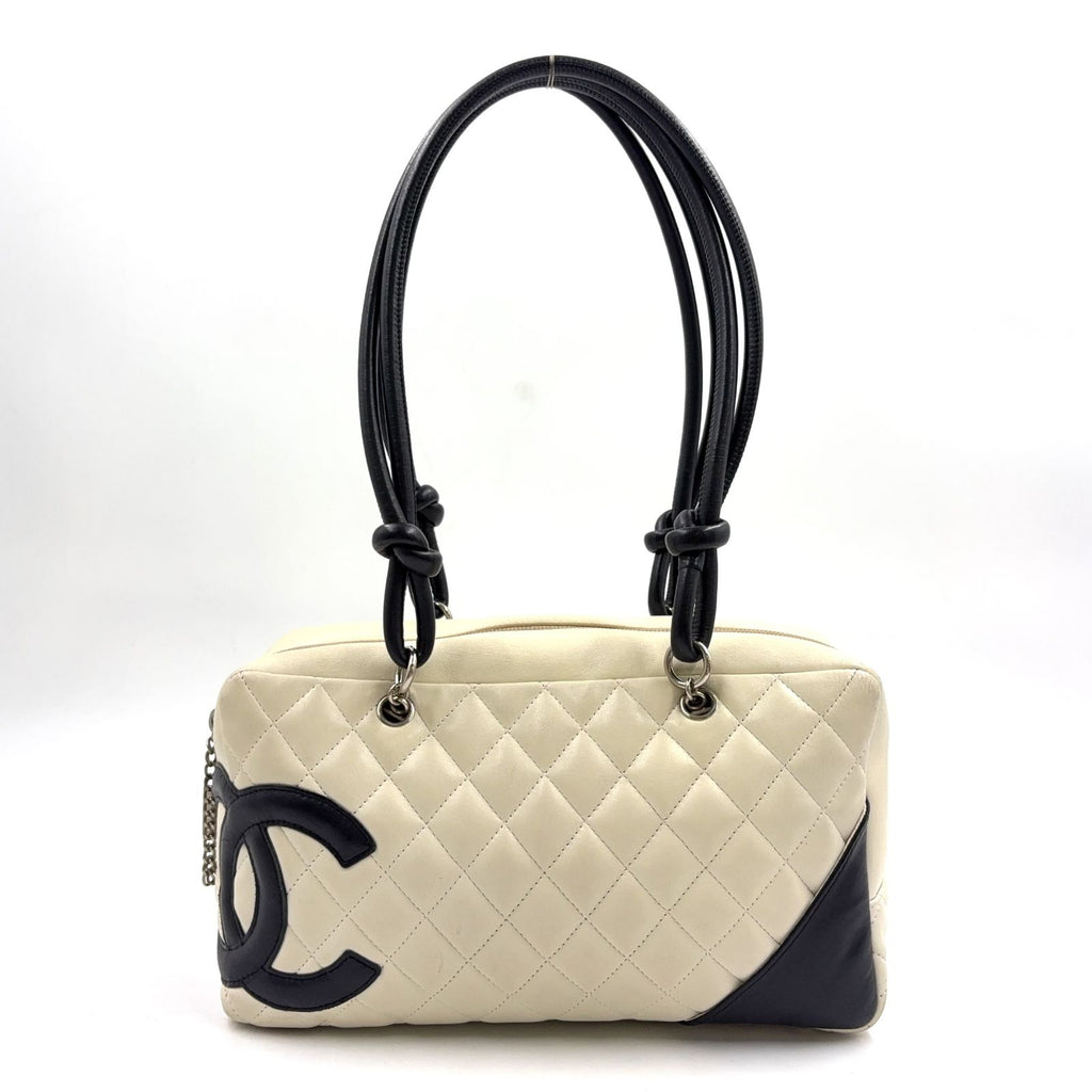 Chanel Cambon Line Bowling Lambskin Black White Shoulder Bag Silver