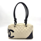 Chanel Cambon Line Bowling Lambskin Black White Shoulder Bag Silver