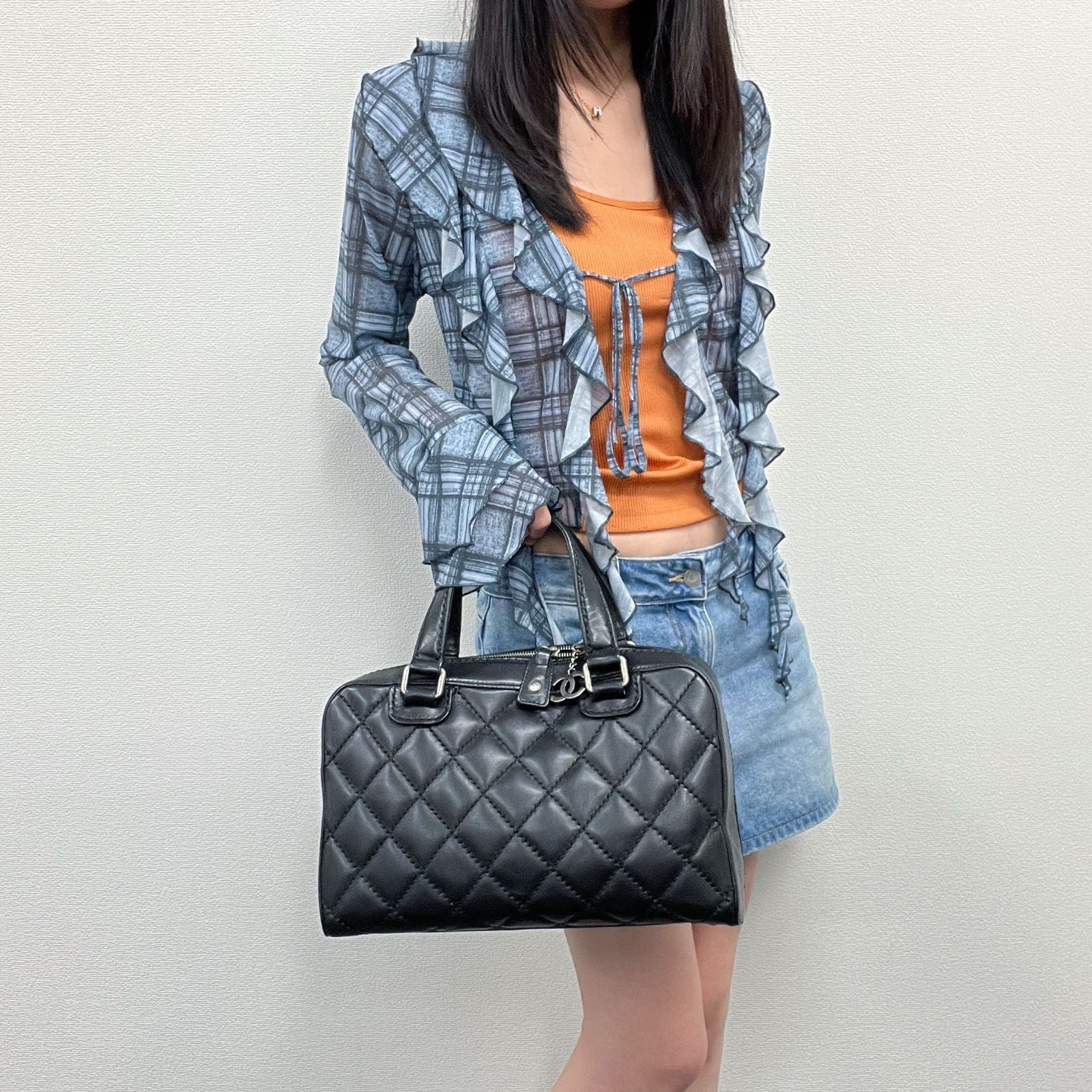 Chanel CC Logo Quilted Boston Handbag Leather Black Silver Vintage