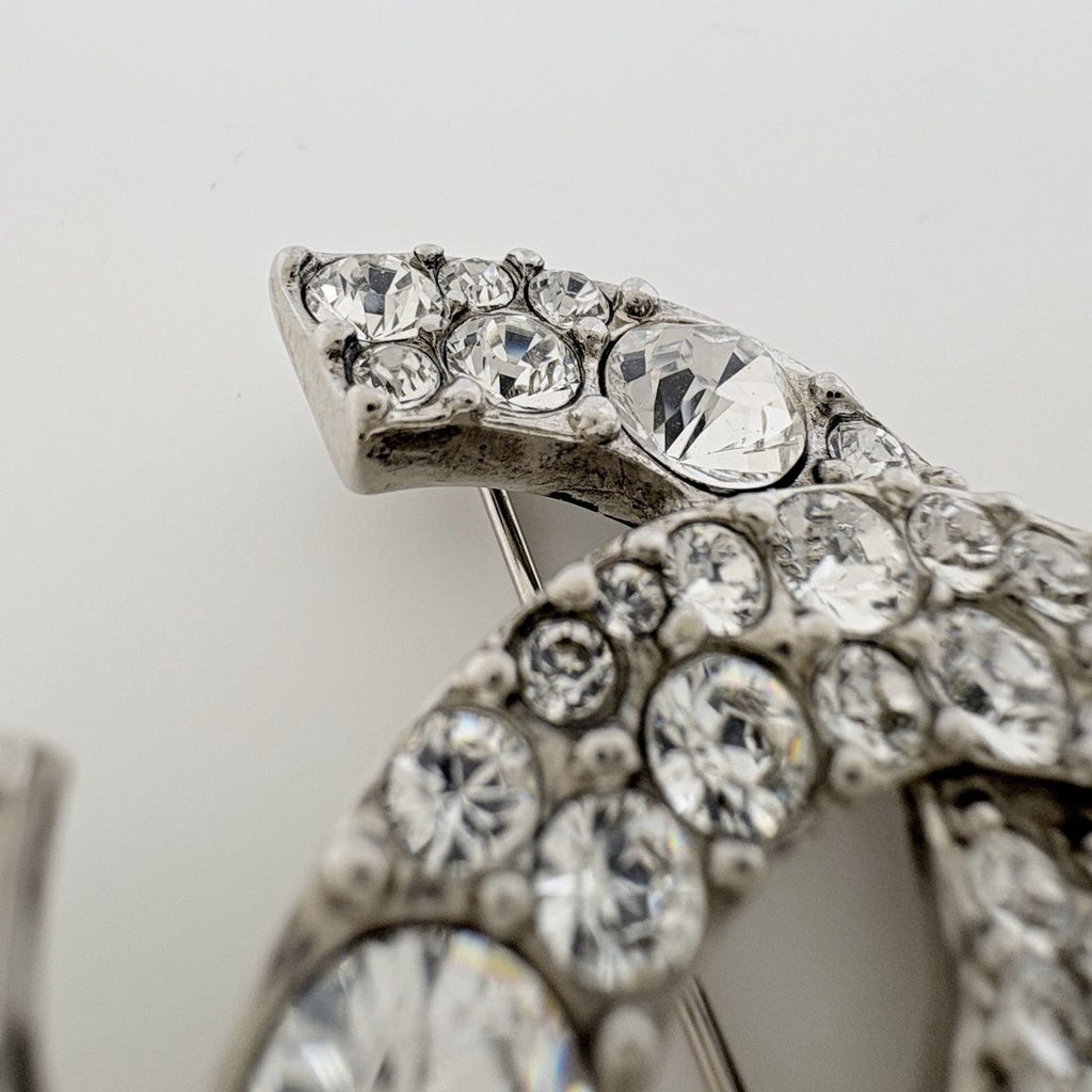 Chanel CC Logo Rhinestone Brooch Silver Plated — view 3