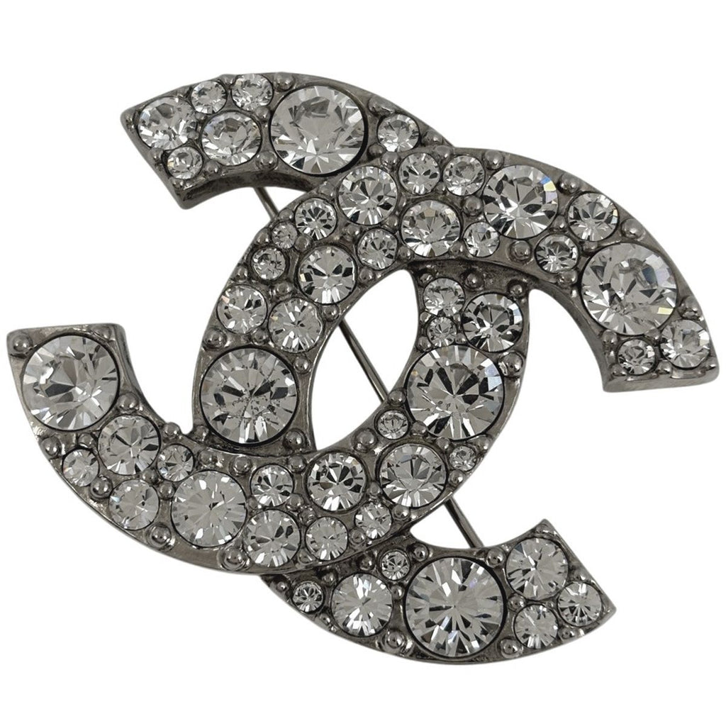 Chanel CC Logo Rhinestone Brooch Silver Plated