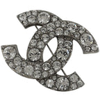Chanel CC Logo Rhinestone Brooch Silver Plated