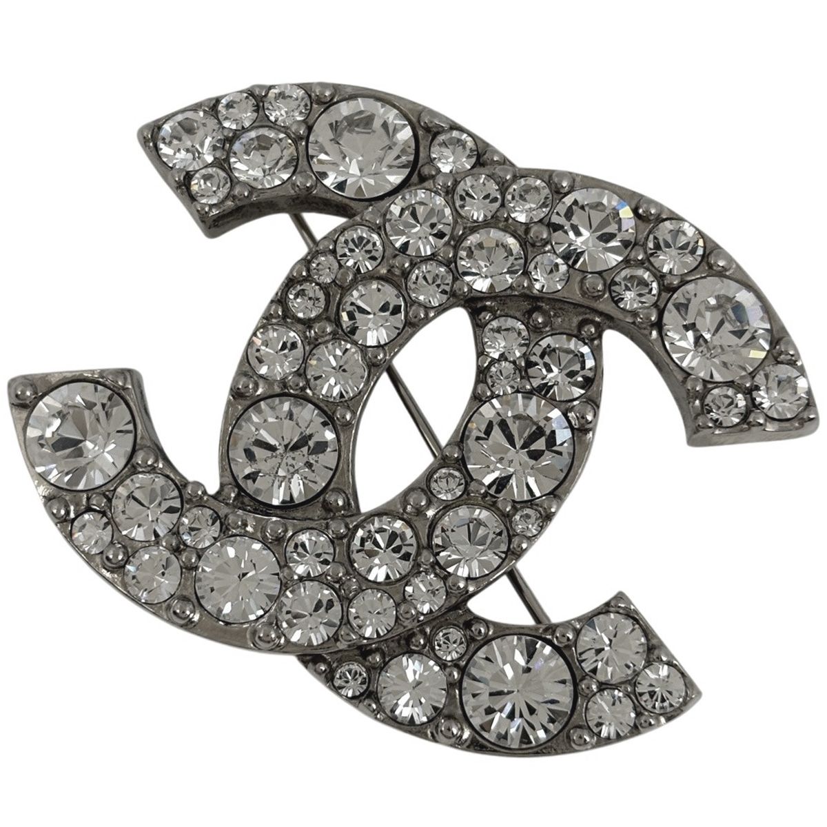 Chanel CC Logo Rhinestone Brooch Silver Plated