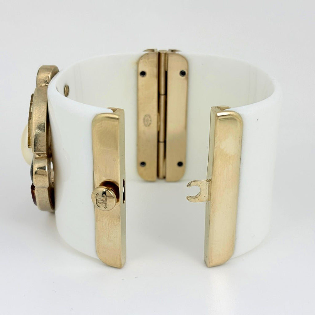 Chanel Color Stone Bangle Plastic Faux Pearl Gold White Bracelet — view 3