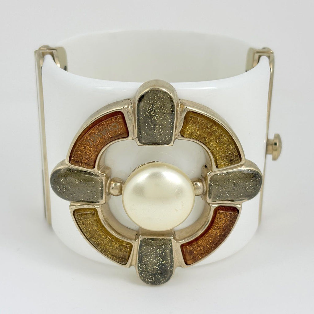 Chanel Color Stone Bangle Plastic Faux Pearl Gold White Bracelet — view 2