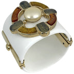 Chanel Color Stone Bangle Plastic Faux Pearl Gold White Bracelet