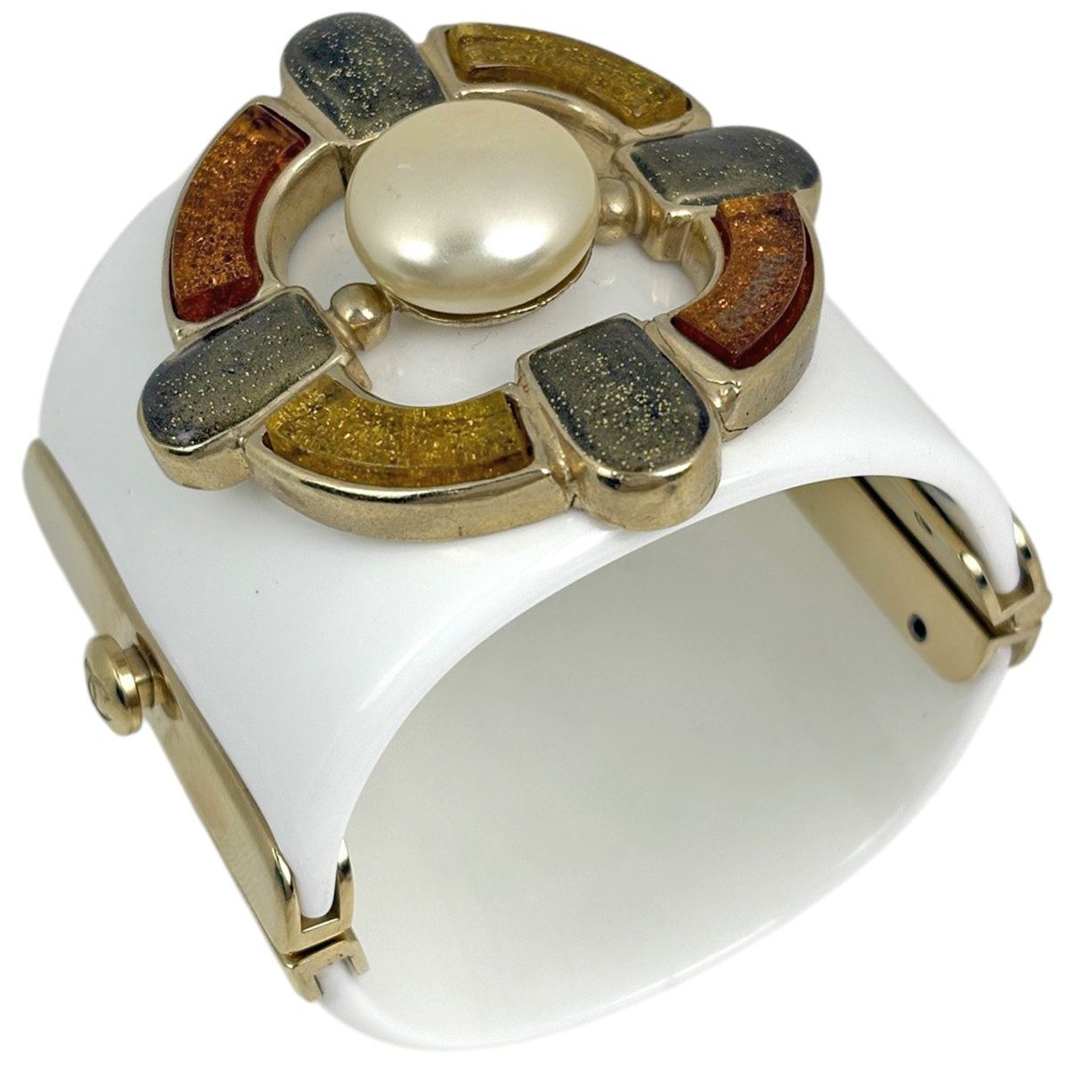Chanel Color Stone Bangle Plastic Faux Pearl Gold White Bracelet