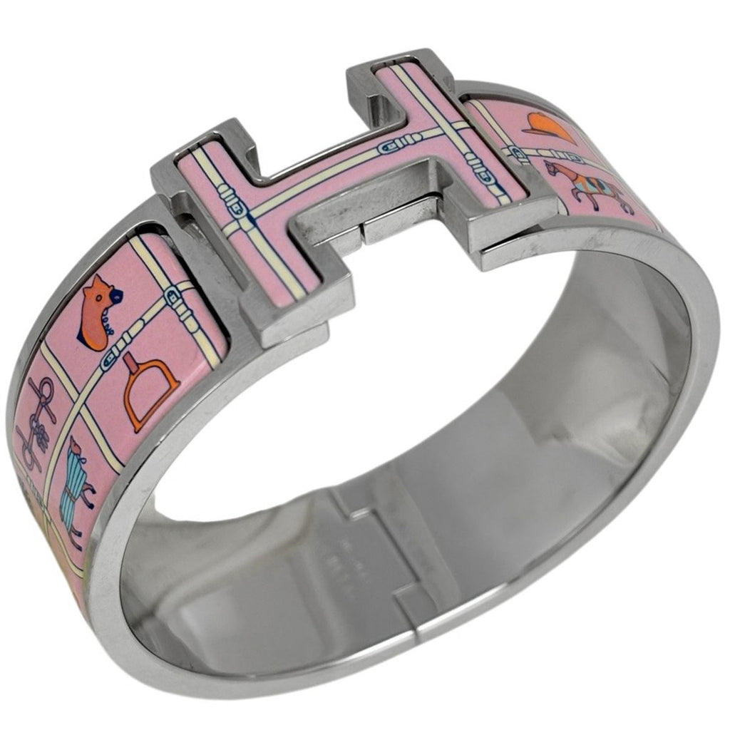 Hermes Clic Clac Enamel Bracelet Bangle Metal Silver Pink