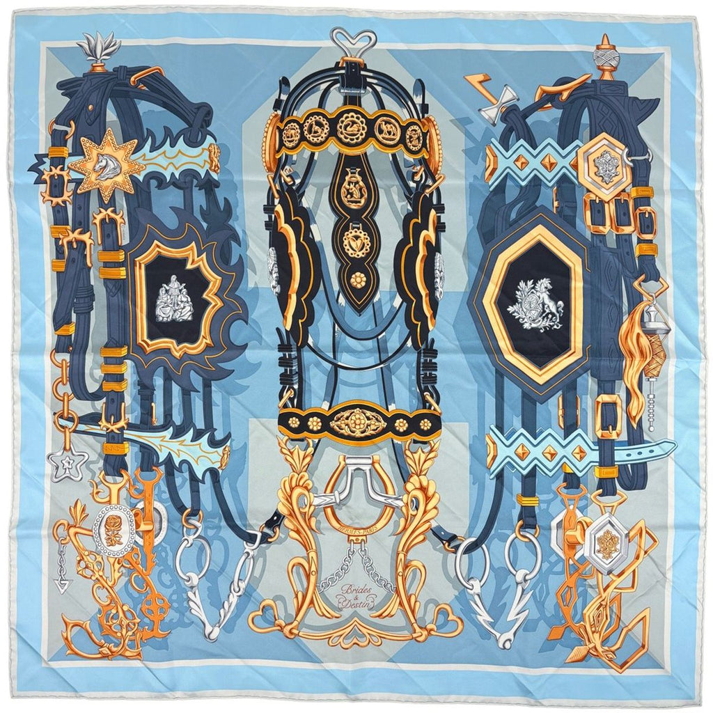 Hermes Carre 90 Brides Et Destin Scarf Silk Blue Multicolor