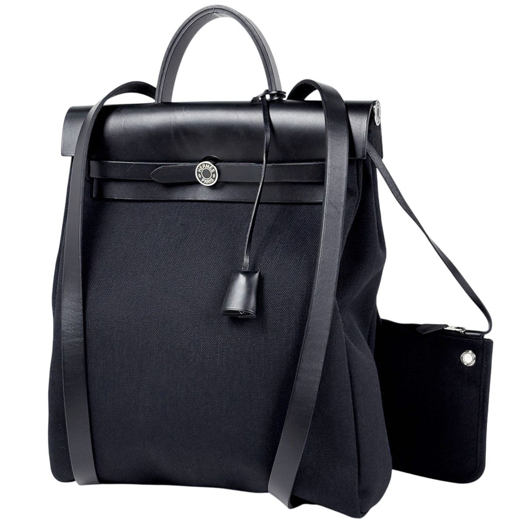 Hermes Herbag Zip a Dos PM 2-Way Toile Ashbe Roulis Backpack Canvas Noir