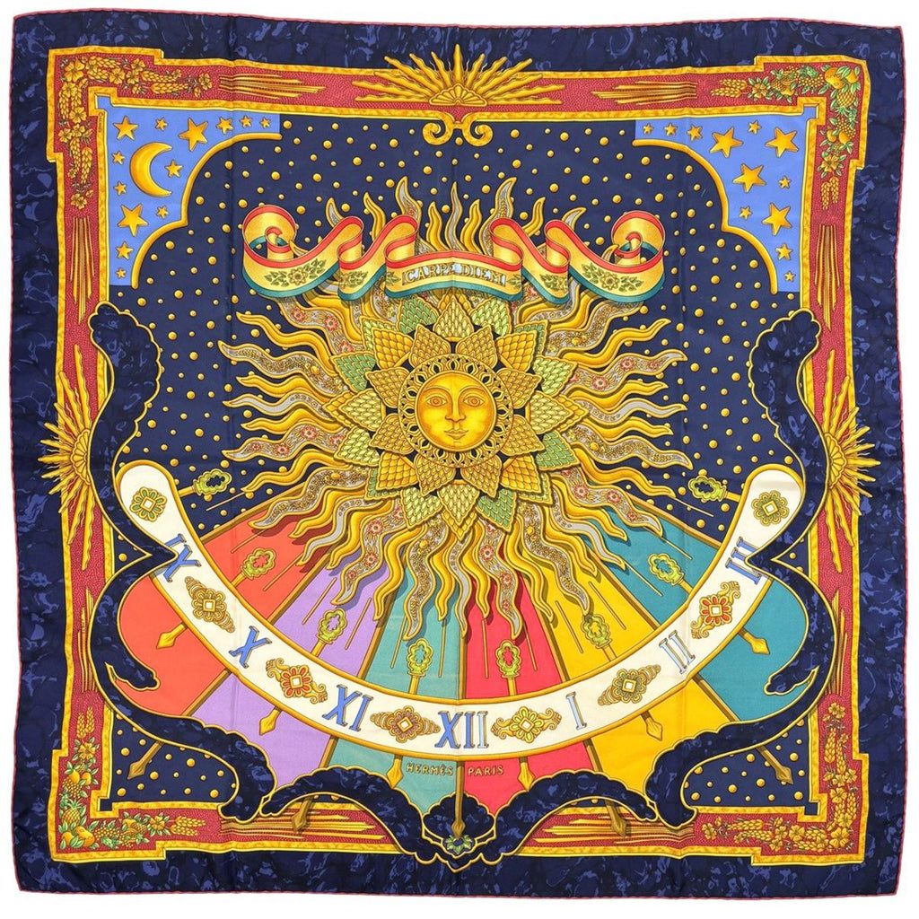 Hermes Carre 90 Carpe Diem Enjoy Your Day Sun Moon Scarf Silk Navy Multi