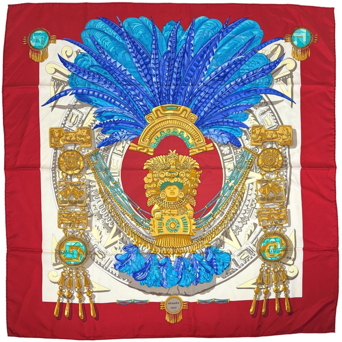 Hermes Carre 90 Mexique Big Buddha Carnival Scarf Silk Red Blue Multicolor