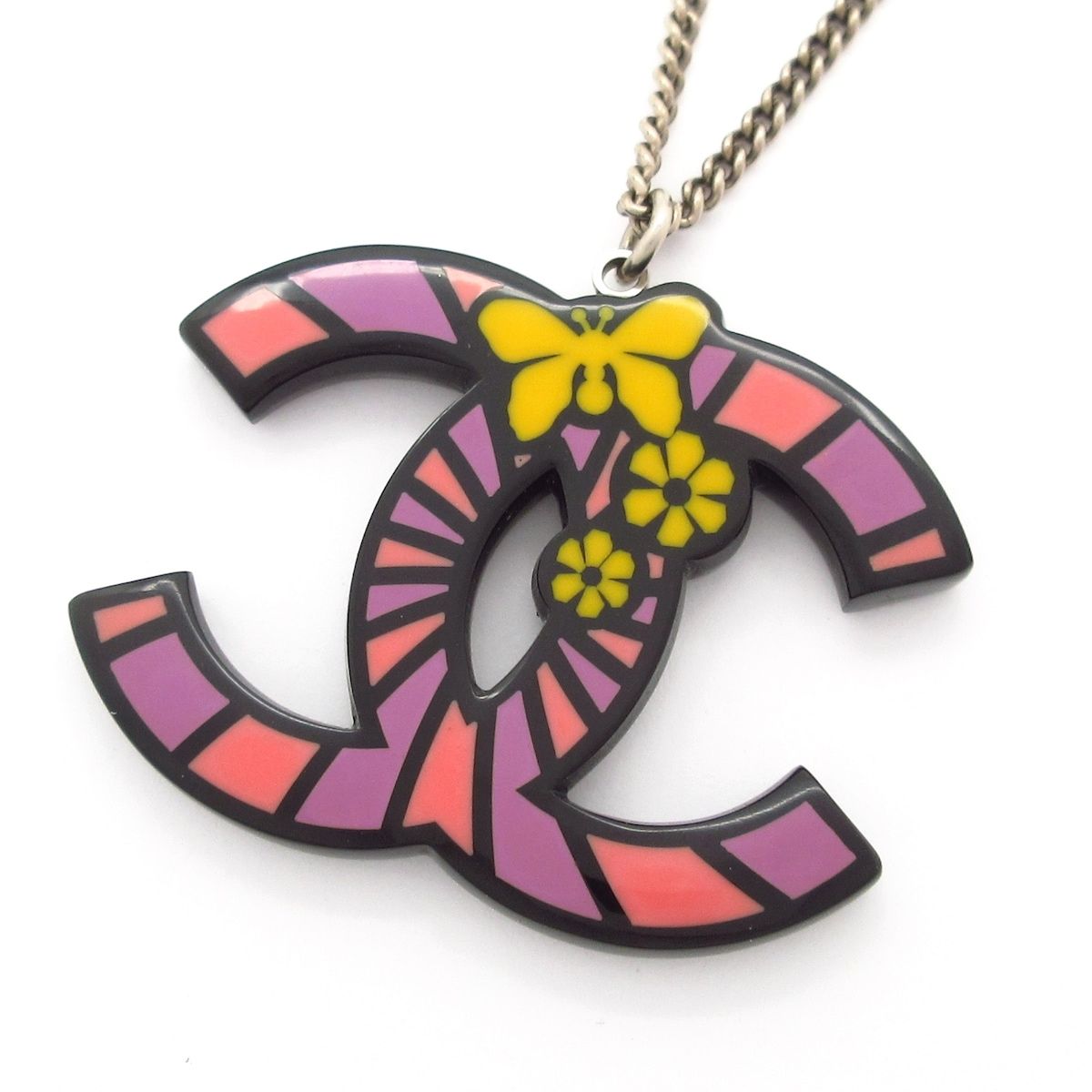 Chanel Necklace CC Logo Silver Yellow Multi Butterfly Flower