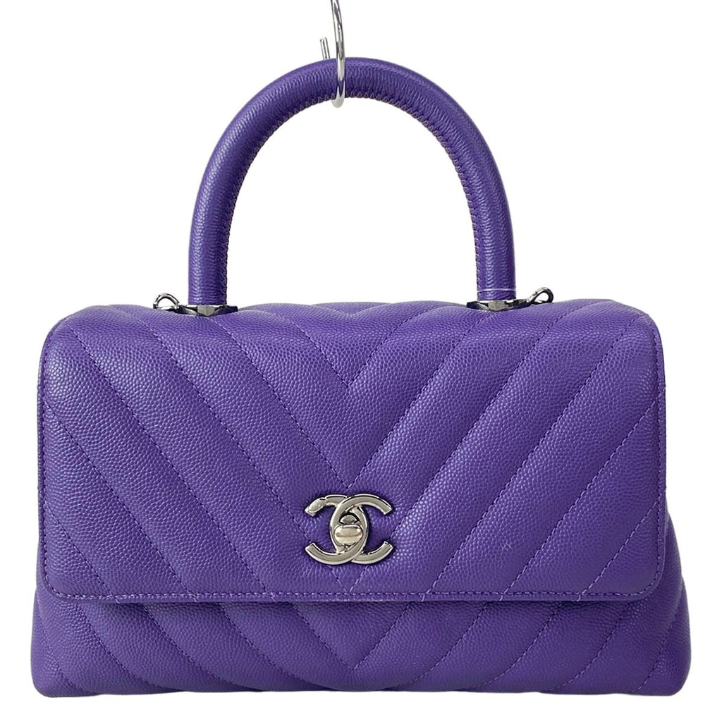 Chanel Handbag Small Top Handle Flap Bag Stitch Coco Purple Silver