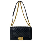 Chanel Shoulder Bag Boy Quilted Black Chain Vintage Gold