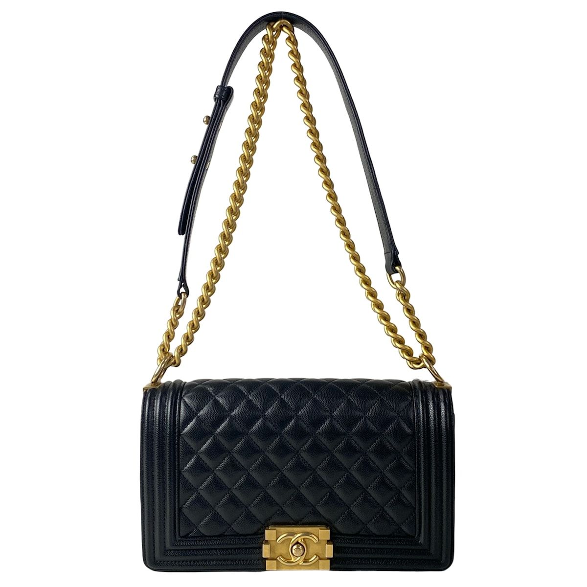 Chanel Shoulder Bag Boy Quilted Black Chain Vintage Gold