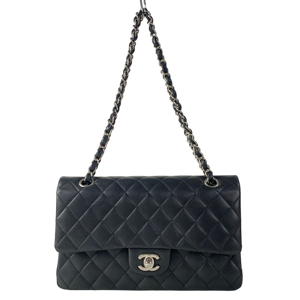 Chanel Shoulder Bag Double Flap Quilted Black Chain Silver Lambskin