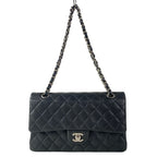 Chanel Shoulder Bag Double Flap Quilted Black Chain Silver Lambskin
