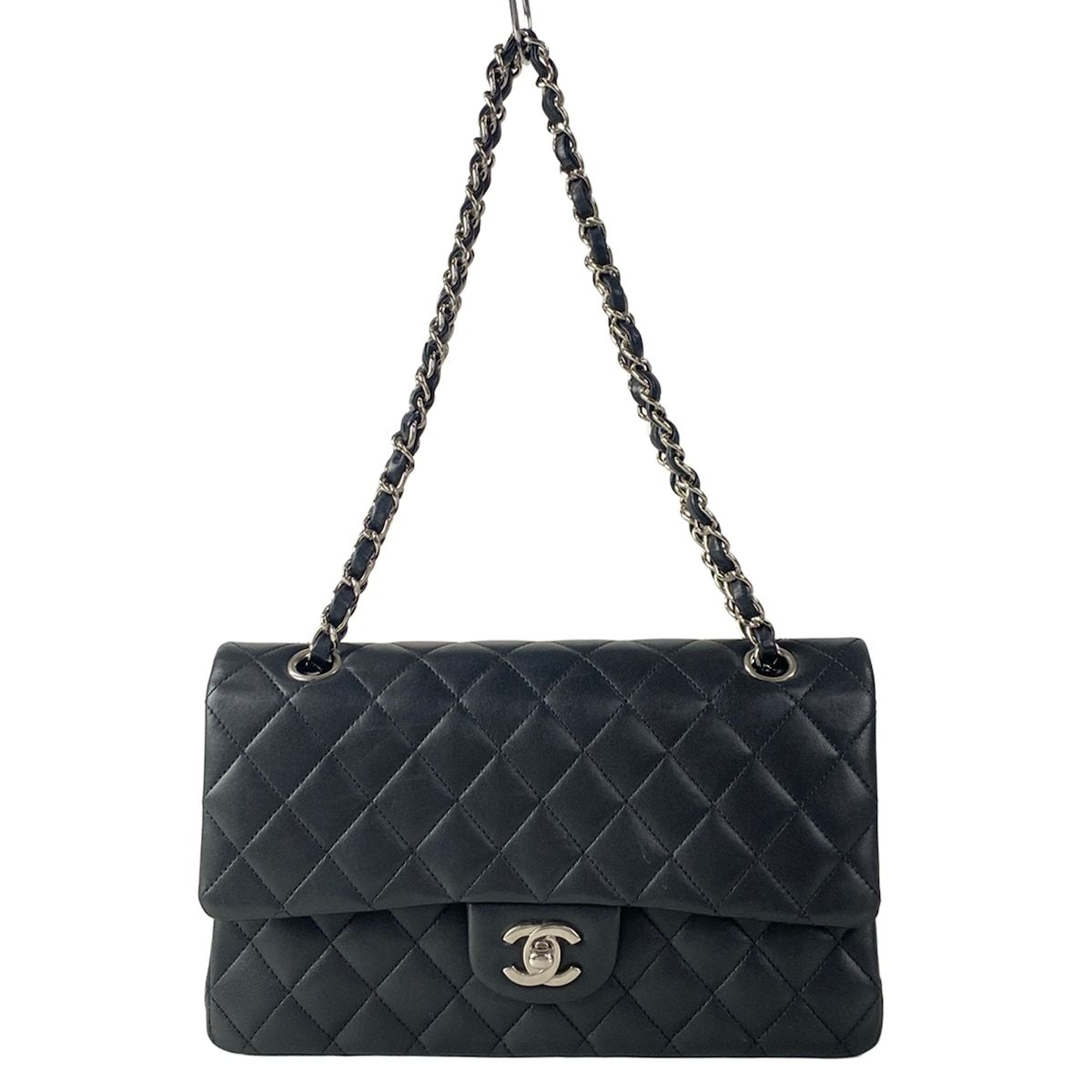 Chanel Shoulder Bag Double Flap Quilted Black Chain Silver Lambskin